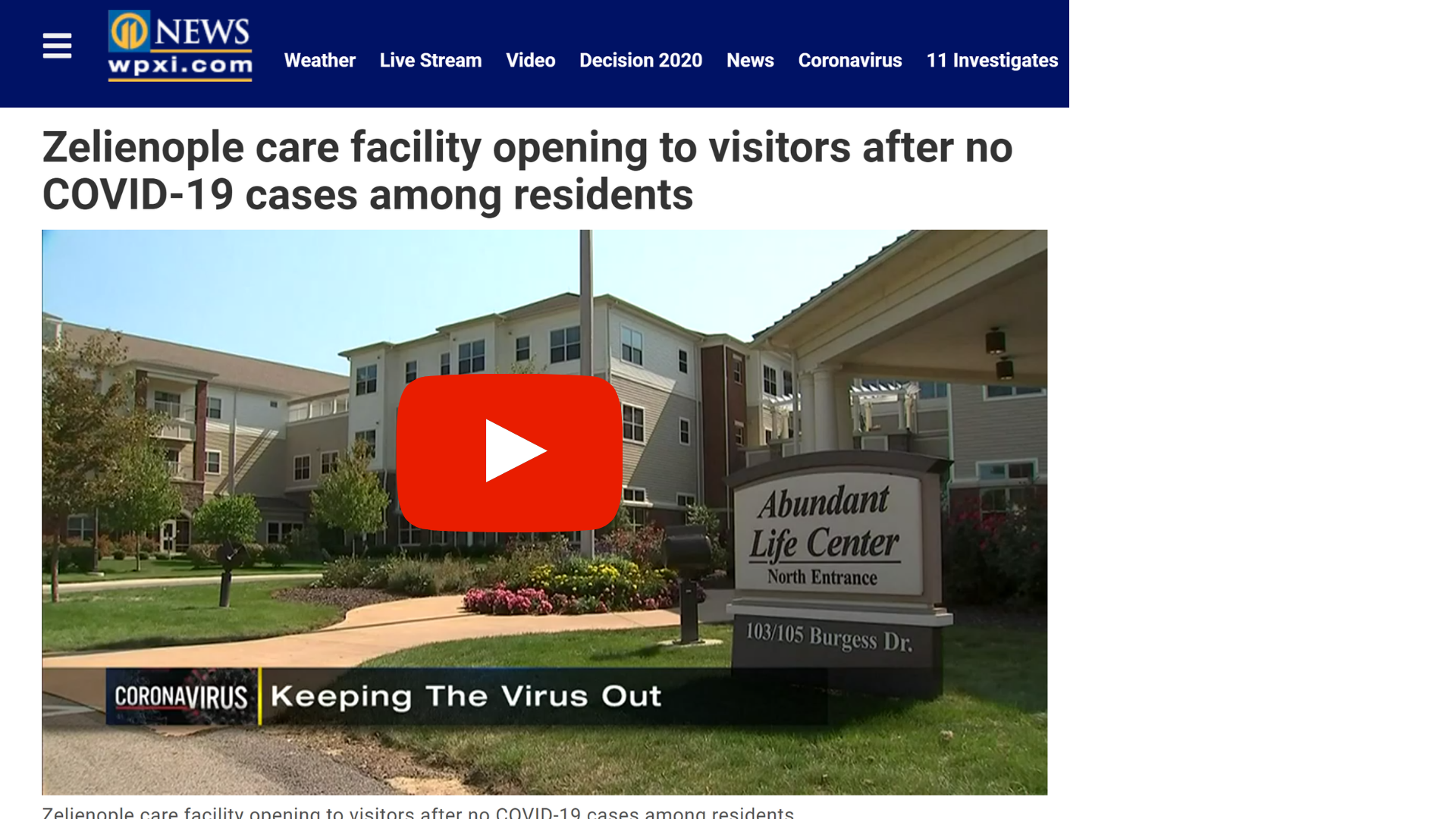 Zelienople care facility opening to visitors after no COVID19 cases